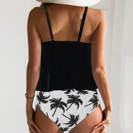 MAIABLEAU Swimsuits for Women Two Piece Bathing Suits Ruffled Top High Waisted Bikini Set Black Top Coconut Tree Bottom S
