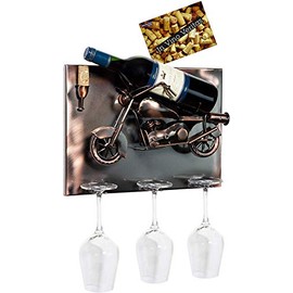BRUBAKER Wine Bottle Holder 'Motorbike' - Wall Mountable with 3 Glass Holders - Wall Art - with Greeting Card