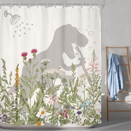 LGhtyro Dinosaur Wildflower Kids Shower Curtain Bathroom Set 71Wx84H Inches Funny Dino Silhouette Floral Rustic Plant Leaves for Boys Bath Accessories Cute Animal Art Home Decor Fabric 12 Pack Hooks