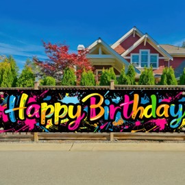 BlissYard Happy Birthday Banner 78 x 17Inches Birthday Colorful Font Graffiti Banner Shoot Background Birthday Banner Birthday Themed Indoor Outdoor Decorations Supplies