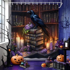 RJSMRJ Gothic Bookshelf Shower Curtain Raven Purple Floral Lavender Crow Vintage Antique Magic Bookworm Bookcase Reading Bathroom Curtains Set Polyester Fabric Hooks 70" W x 70" L