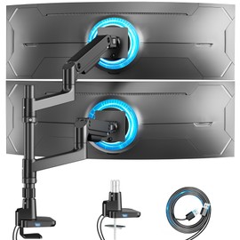 ARES WING ARES WING Dual Monitor Arm for Ultrawide Heavy Duty Curved Monitor Stacking, Fits 17-49 Inch, Vertical Gas Spring Double Monitor Mount with USB, Adjustable Dual Monitor Mount for Desk, Black