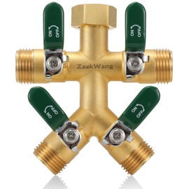 Garden Hose Splitter, 4-Way Full Flow Outdoor Faucet, Heavy Duty Brass Hose Manifold Wiht Green Long Handle, High Flow Faucet Adapter, 3/4-Inch GHT