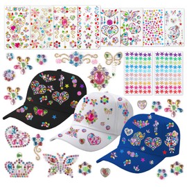DIY Baseball Cap Set, Cap Craft Kits for Kids Girls, Kid Gem Stickers for Hat Decoration, Decorate Your Own Cap with Gem, Birthday Present Girls Gifts with Glitter Gem for Girls Age 5 6 7 8 Year Old