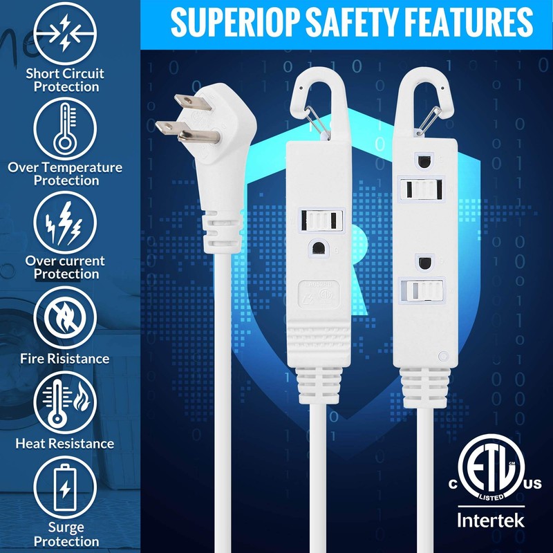 Maximm Extension Cord White 25 Ft with Automatic Closing Hook,