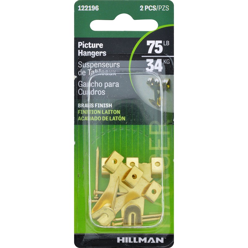 Hillman Hanging-Hardware 122196 Brass Professional Picture Hangers (75lb) 2 Pack,