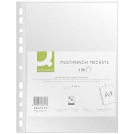 Q-Connect 19390 Polypropylene Document Holders with Punched Eco-Textured Antistatic A4 6/100e 210 x 297 mm Pack of 100 Assorted Colours