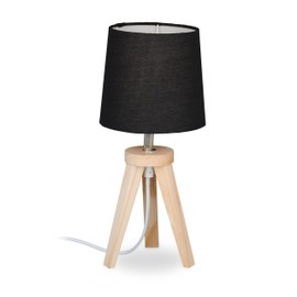 Relaxdays Tripod Table Lamp, Wood & Fabric, E14, Scandinavian Design, H x D 31 x 14 cm, Bedside Lamp, Natural/Black