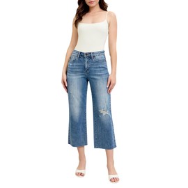 Judy Blue High Waist Back Pocket Embroidery Raw Cut Hem Crop Wide Blue