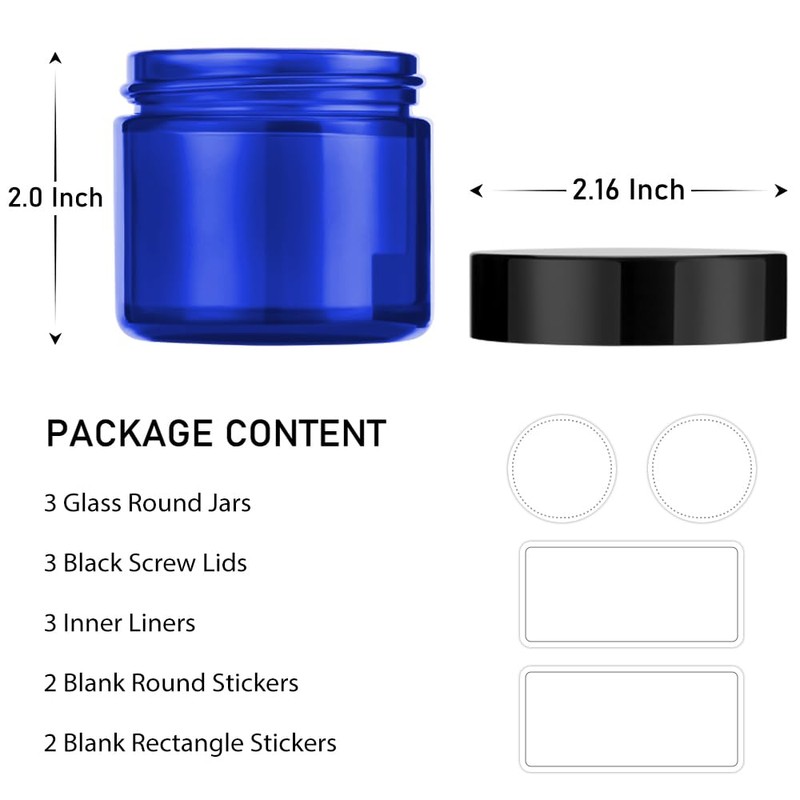 2 oz Blue Glass Jars with Lids, Bumobum 3 pack