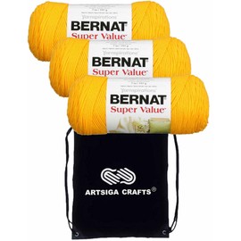 Bernat Super Value Solid Bright Yellow 164053-0608 (3-Skeins - Same Dye Lot) Worsted Medium #4 Acrylic Yarn for Crocheting and Knitting with Project Bag