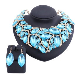 African Beads Jewelry Sets Women Bridal Crystal Statement Necklace Earring Jewelry Sets (Lake Blue)