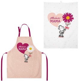 Sheepworld Apron Tea Towel Set with "Allerbeste Mama" Motif Gift Set with 1 Apron and 1 Tea Towel Cotton Gift Mum Mother's Day Gift for Her 48610