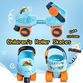 SULIFEEL Kids Adjustable Quad Roller Skates,Toddler Beginner Roller Skates Dinosaur Blue
