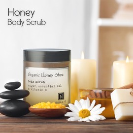 Organic Honey Shea Body Scrub Made in USA with Essential Oil and Vitamin C by Nabila K - Exfoliate and Moisturize for Smooth Skin - Luxury for Women & Men, 10 oz