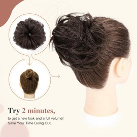 Messy Hair Scrunchies Bun Extensions Curly Wavy Ponytail Hair Pieces for Women #2 Dark Brown Elastic Donut Chignons Accessories 32g