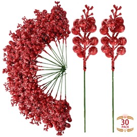 Sggvecsy 30Pcs Christmas Glitter Berries Stems Artificial Red Berry Branches Holly Picks Stems Christmas Tree Ornaments for DIY Xmas Wreath Crafts Gifts Holiday Home Decor (Red)