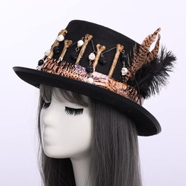 COSDREAMER Women Voodoo Hats Witch Doctor Top Hats Skull Feathers Hat (Black)