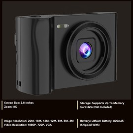 1080P HD Digital Camera, 20MP Video Camera, 8X Digital Zoom Portable Vlogging Camera, 2.8in, USB Rechargeable, Beauty Mode for Travel Vlogging (Black)