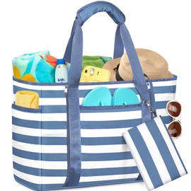 TEUEN Extra Large Beach Bags for Women, Waterproof Sandproof Beach Tote Bag Foldable Swim Pool Bag with Zipper and Wet Pocket