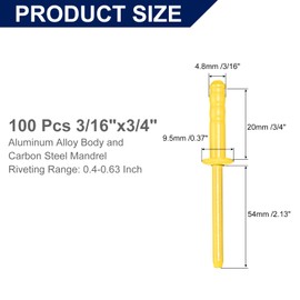uxcell 100Pcs 3/16" x3/4" Aluminum Blind Rivets, Dome Head Multi Grip Aluminum Steel Mandrel Rivets Fasteners for Metal, Furniture, Automotive, Yellow