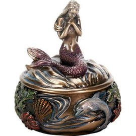 SUMMIT COLLECTION Decorative Art Nouveau Style Sirens of The Sea Mermaid Holding Hand Over Chest Praying Mermaid Fantasy Resin Jewelry Trinket Box 3.25 Inch Tall Faux Bronze