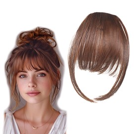 Clip in Bangs Wispy Bangs Brown Fringe with Temples Real Human Hair Extensions for Women, Fake Bangs Natural Look, Daily Wear Hairpiece