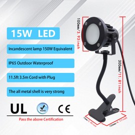 Etazakka Portable LED Clamp Work Light，Clip on floodlight with 11.5FT Cord（3.5M） 300W Equivalent， waterproofingt for Outdoor Indoor ，Adjustable Angle Lighting (15W-Daylight White)