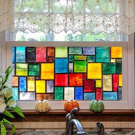 HOMETITUTE Stained Glass Window Film 39.3x17.7 Inch Colorful Mosaic Windows Cling Privacy Glass Sticker Static Decorative Window Film No Glue UV Blocking for Kitchen Bathroom Front Door