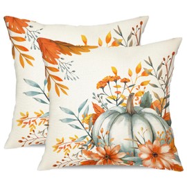JXZYGMD Fall Pillow Covers 18x18 inch Set of 2 Orange Watercolor Pumpkin Fallen Leaves Decorative Throw Pillow Covers Thanksgiving Decoration for Home Decor