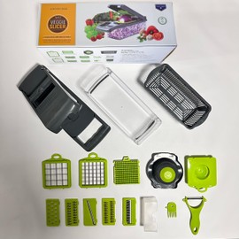14/16-in-1 Multi-Functional Vegetable Chopper with Stainless Steel Blades – Mandoline Slicer, Grater, Dicer & Drain Basket for Kitchen | BPA-Free ABS/PP Food Safe Storage (14/16-Piece Set) (16)