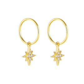 Serenity Sleepers 24K Gold Plated 925 Solid Sterling Silver Sleeper Huggie Hoop Charm Earrings For Women | Starburst Star | Dainty Zirconia Earrings