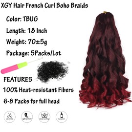 XGY Hair French Curly Braiding Hair 18 Inch 5 Packs French Curl Braids Pre Stretched Bouncy Braiding Loose Wavy Braid Synthetic Hair Extensions For Women (TBUG, 18inch)
