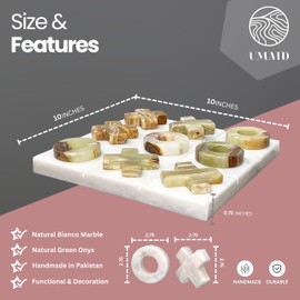 UMAID Luxury Marble Tic Tac Toe Game, Handcrafted 10" Onyx Board in Velvet Box, Solid Marble Set, Each Piece is Unique, Elegant Coffee Table or Office Decor, Unique Gift for Men, Women, Game Lovers