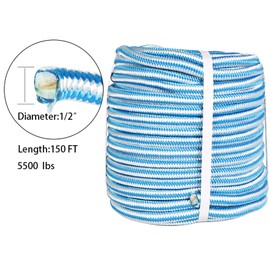 TINVHY 1/2Inch x 150FT Arborist Tree Rope, 16 Strand Braided Polyester Rope, High Strength Tree Rigging Rope for Halyard, Sailboat Weathered Line, Tree Work, Swings Rope, White & Blue