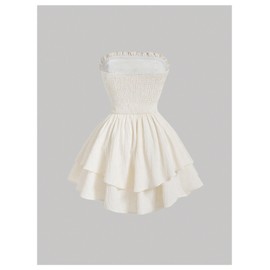 Floerns Women's Layered Ruffle Strapless Tube Dress Tie Waist Cute A Line Dresses White X-Small