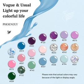 phoenixy 24 PCS Gel Nail Polish Kit, Summer 21 Colors 8ml Gel Nail Polish Set with Base Glossy Matte Top Coat Blue Pink Purple Flash Nail Polish Set Manicure Starter Kit Gifts for Women