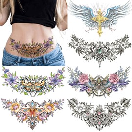 POSTA 6 Sheets Chest Large Temporary Tattoo for Women, Abdomen Waist Back Fake Tattoos for Adults, Realistic Moth Flowers Tattoo Stickers, Body Scar Cover Belly Tattoos