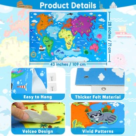 Taika World Felt Set, Felt World Map with World Famous Sights, Educational Play Mat Flannel Board Set, 43x28 inch Preschool Learning Flannel Board for 4+
