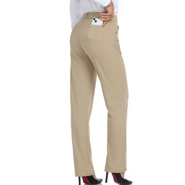Oalka Women's Dress Pants Straight Leg Yoga Work Stretchy Pant for Office Business Khaki Brown Regular XL