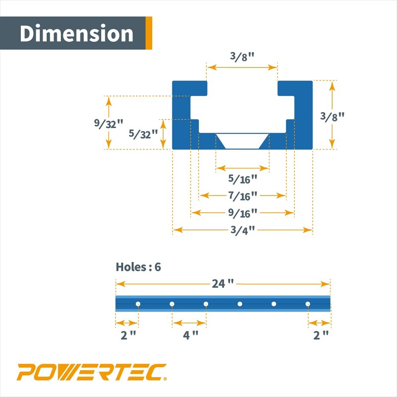 POWERTEC 71118-P3, 6 Pack, 24 Inch Double-Cut Profile Universal T-Track