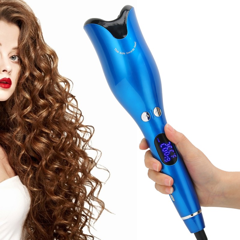 Automatic Curling Iron Wand LED Temperature Display Timer Blue Curling