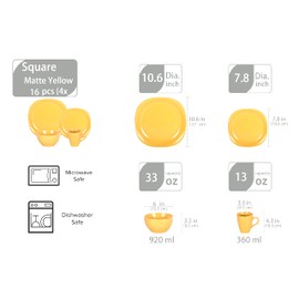 HomeVss, Stoneware Square 16pc Dinnerware Set, Matte Yellow
