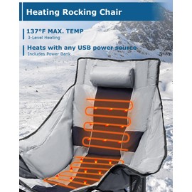 ZENPETIO Heated Camping Chair, Oversized Outdoor Rocking Chair with 3 Heat Levels, Portable Folding Heated Chair for Camp, Lawn, Sports, Winter Use (Battery Included)
