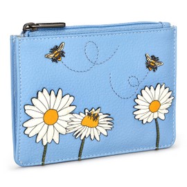 Yoshi Bee Happy Zip Top Womens Purse, RFID Protection, Slim Purse Wallet, Blue, Genuine Leather