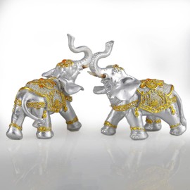Wisifayardin Pair of 2 Elephant Statues Home Decor - Figurines with Trunk Up for Women - Silver and Golden Couple Elephant Figurines