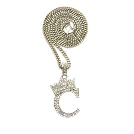 CBC Crown Rhinestone Studded Crown Initial Alphabet Letter Pendant Necklace 24" Cuban Chain Necklaces in Gold Tone or Silver Tone (Silver - C)