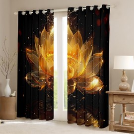 jejeloiu Golden Lotus Flower Curtains for Bedroom Living Room Twin Size Kids Golden Black Darkening Window Drapes for Boys Girls Teens Zen Spa 30%-50% Room Blackout Curtain Floral Window Treatments