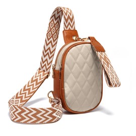 LALOOVEA Small Quilted Sling Bag for Women Casual Crossbody Chest Purses Embroidered Wrist Strap Colorblock PU Leather（Off-white）
