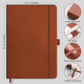 RETTACY Bullet Dotted Journal, A5 Dotted Notebook Journal with 192 Pages, 5.7'' × 8.3'', Medium Size, 100 GSM Thick Paper, Leather Hardcover, Bullet Journaling, Planning (Brown)